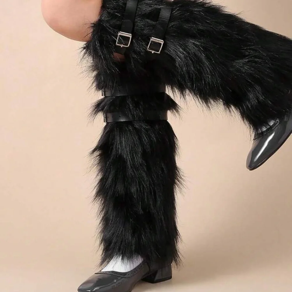 1 Pair Furry Leg Warmers + 4pcs Belts, Punk Boots Cuff Warmers